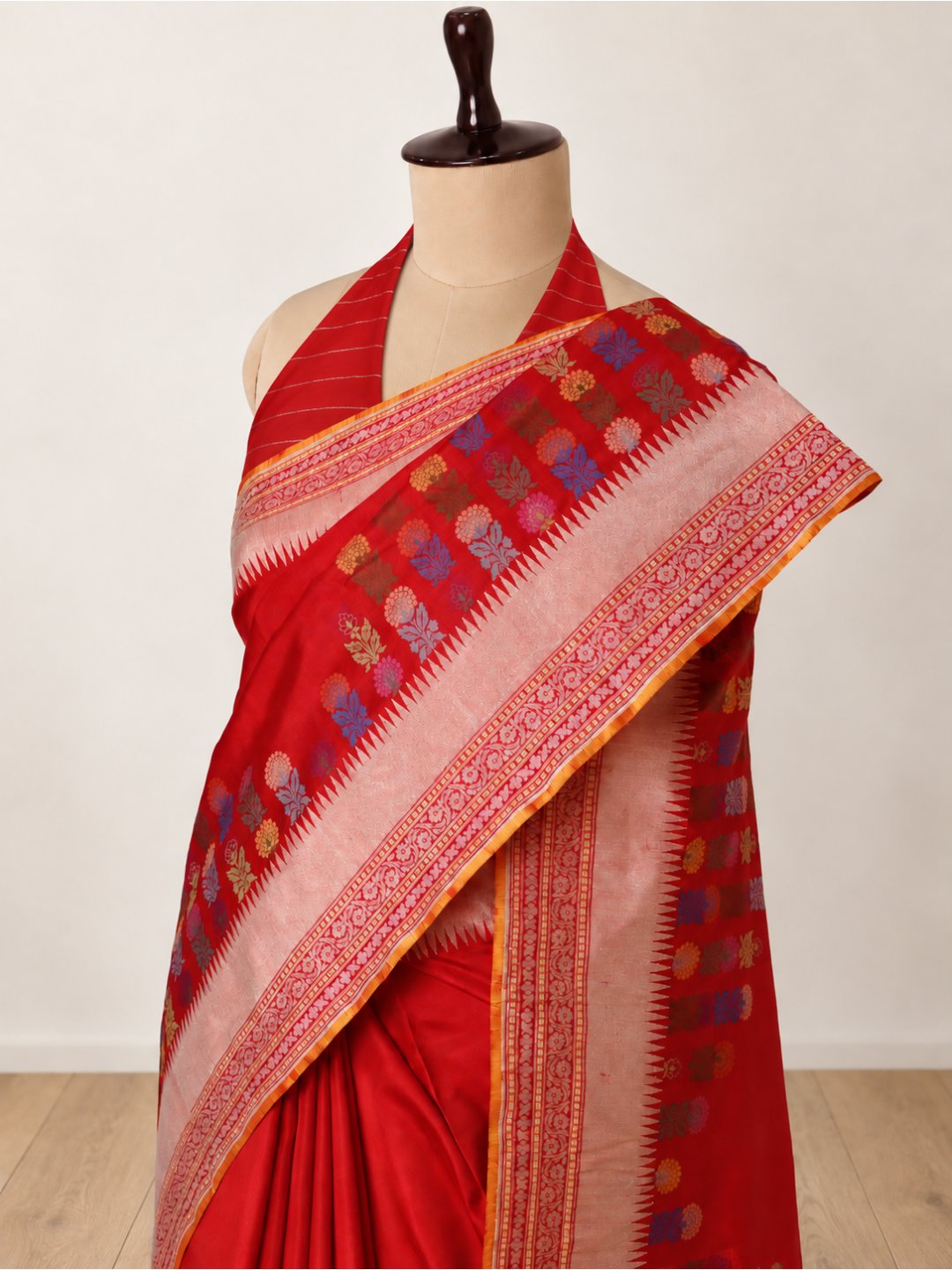 Vibrant red-orange with light gold zari Katan Silk Banarasi saree front drape view