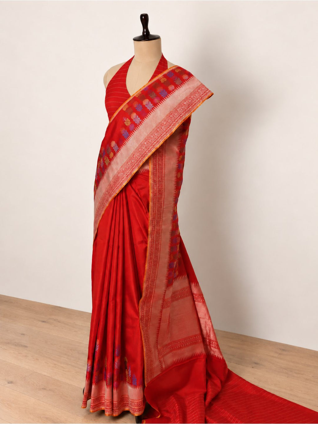 Vibrant red-orange with light gold zari Katan Silk Banarasi saree blouse piece