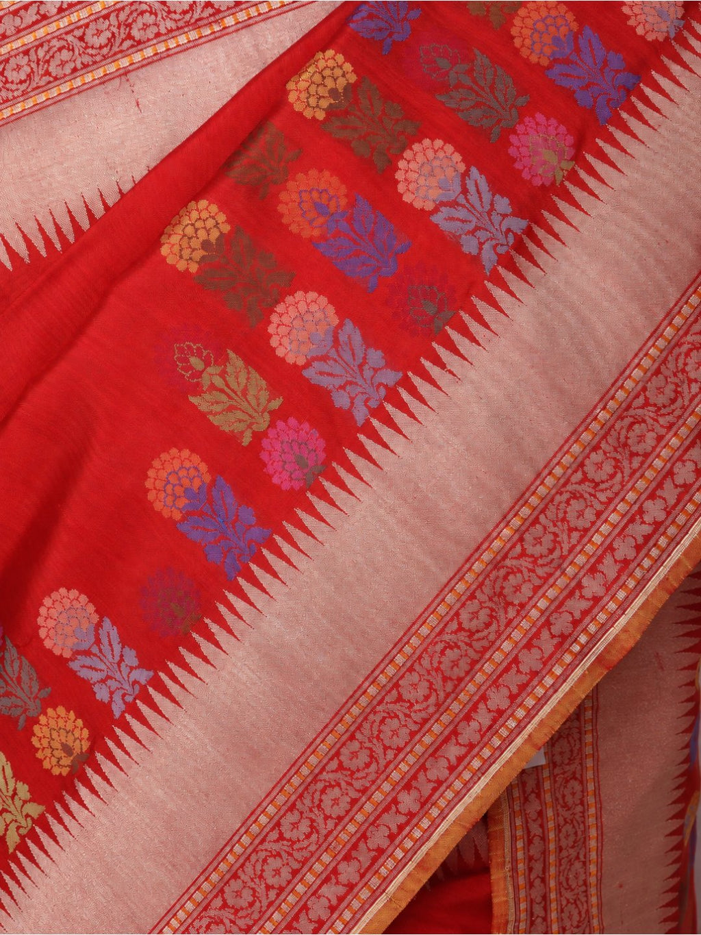 Vibrant red-orange with light gold zari Katan Silk Banarasi saree pallu detail