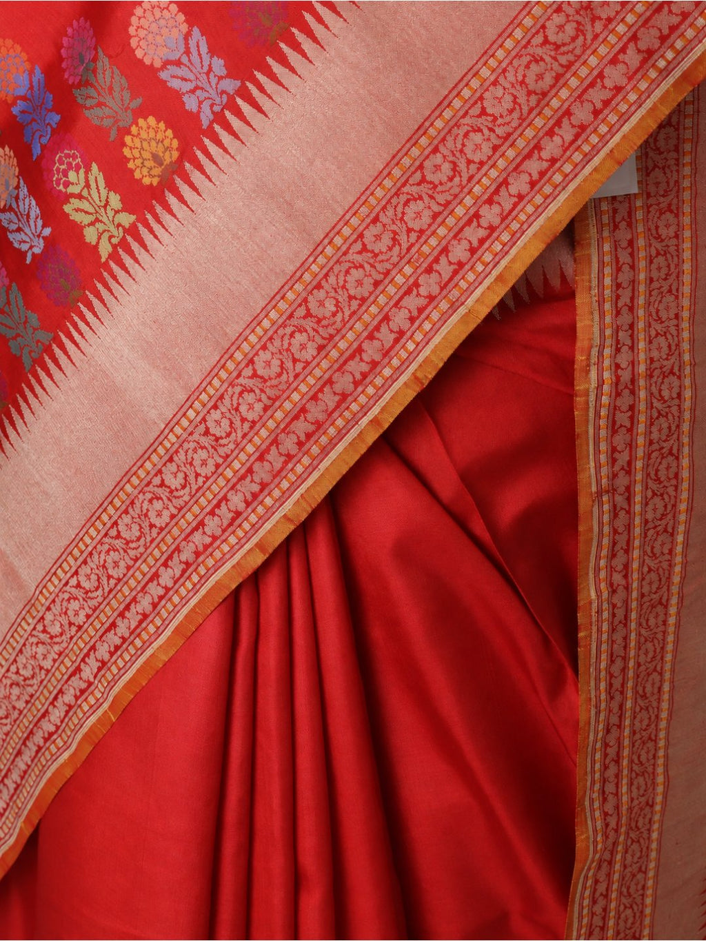 Vibrant red-orange with light gold zari Katan Silk Banarasi saree full spread