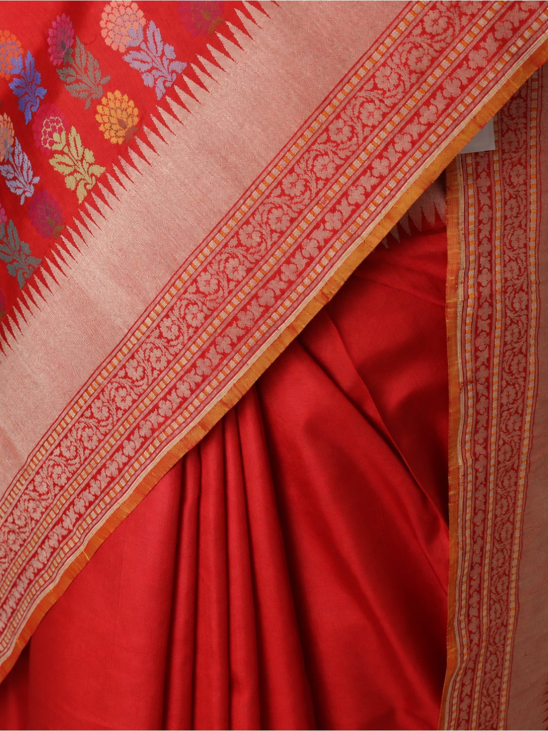Vibrant red-orange with light gold zari Katan Silk Banarasi saree full spread