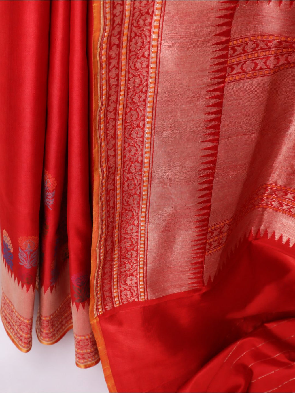 Vibrant red-orange with light gold zari Katan Silk Banarasi saree texture detail