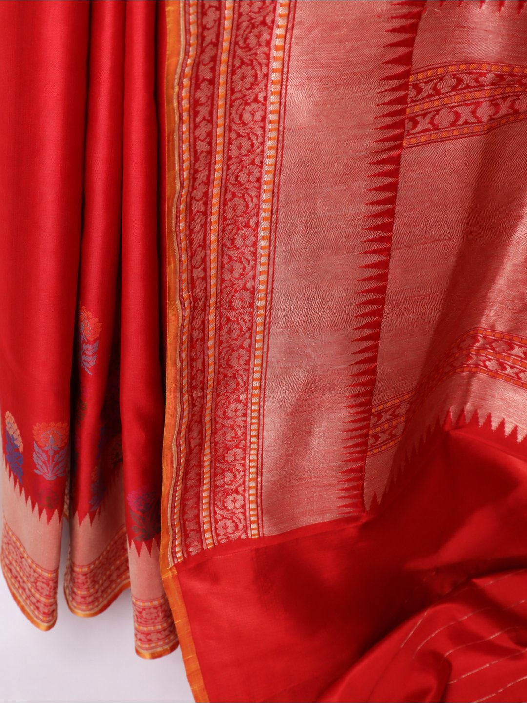 Vibrant red-orange with light gold zari Katan Silk Banarasi saree texture detail