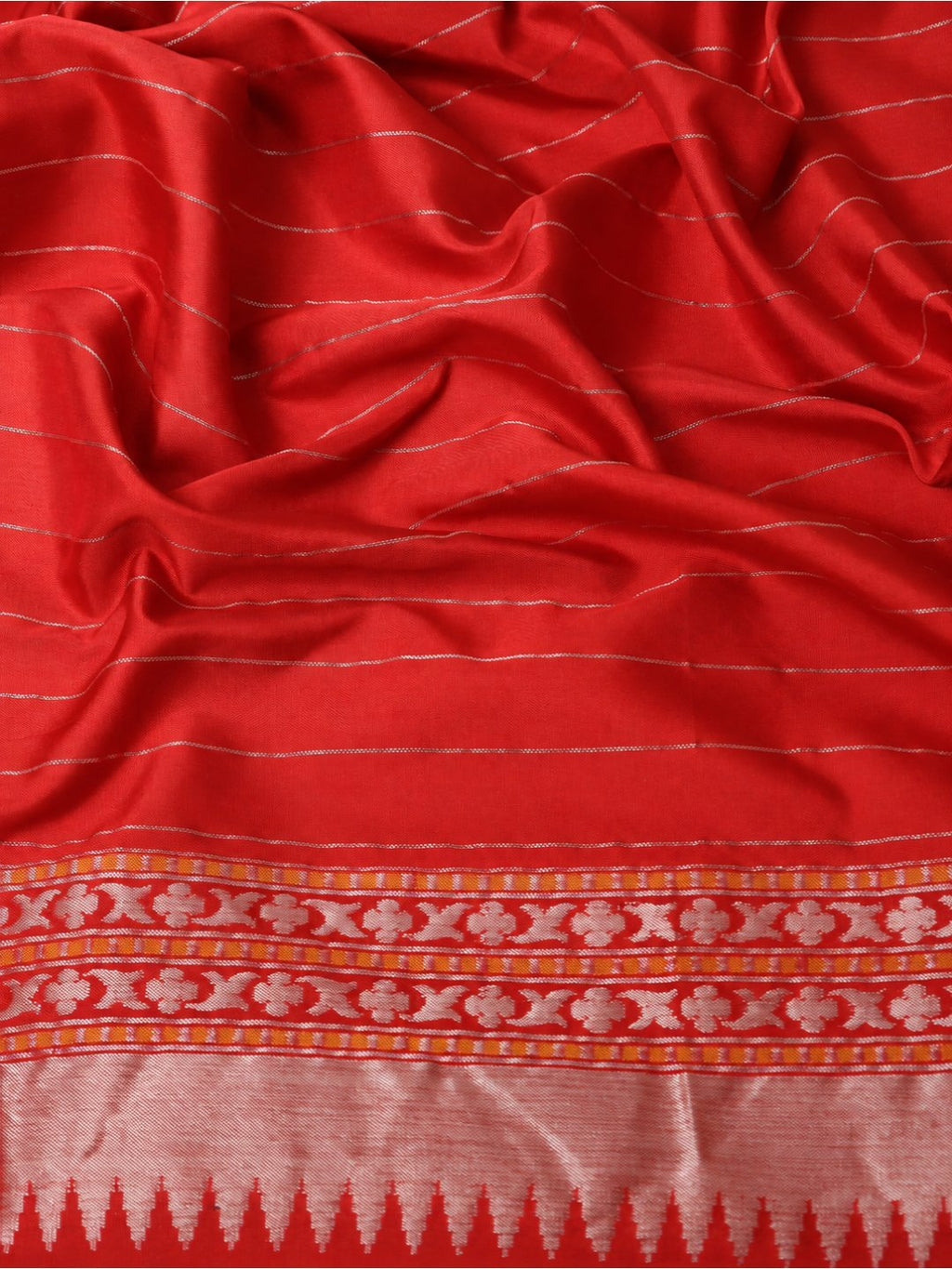 Vibrant red-orange with light gold zari Katan Silk Banarasi saree folded view
