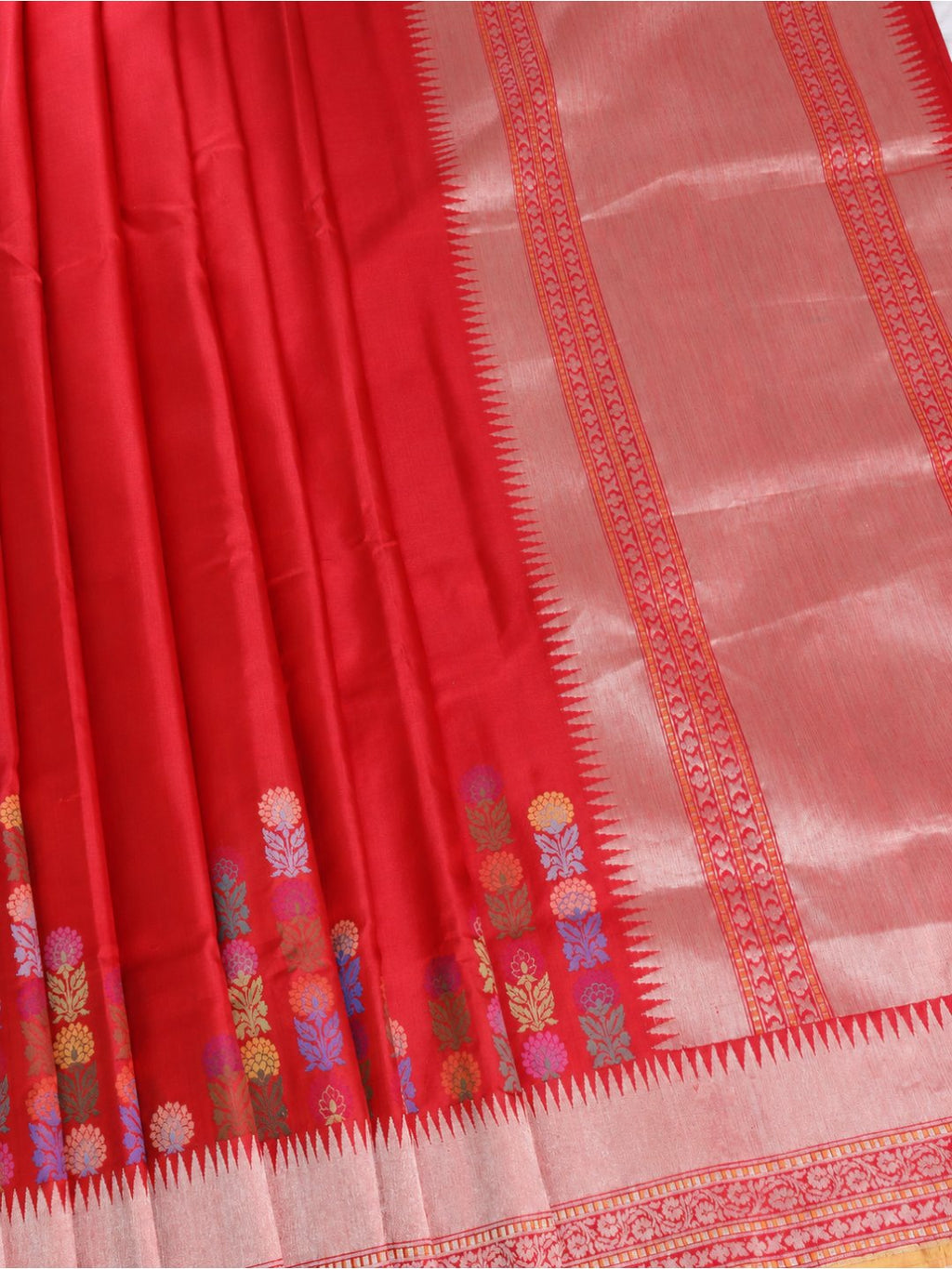 Vibrant red-orange with light gold zari Katan Silk Banarasi saree zari work detail