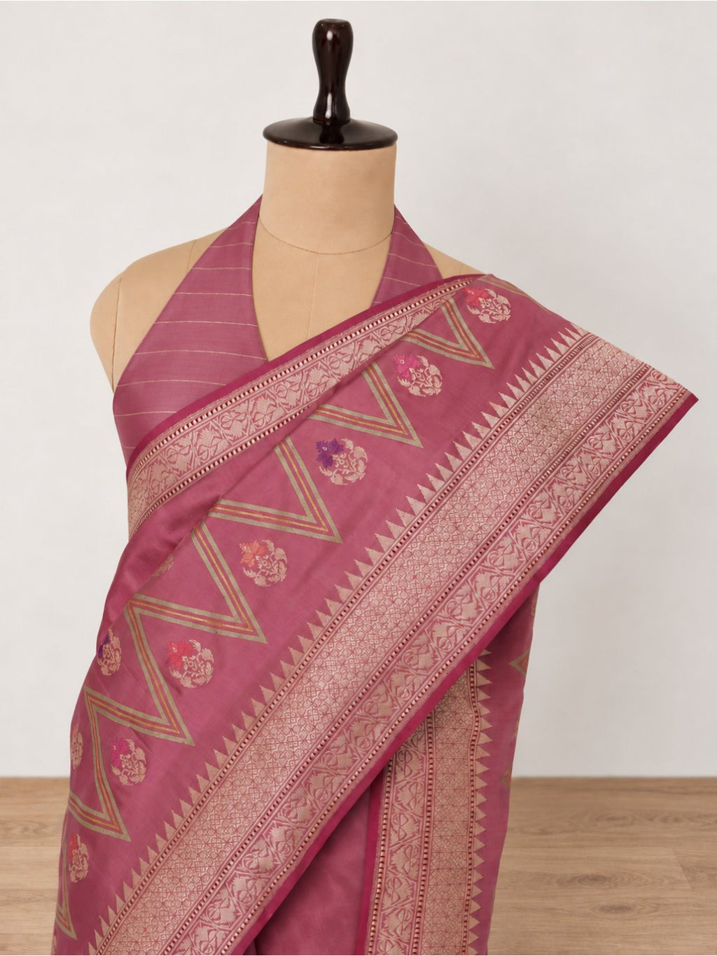 Dusty rose with a mauve undertone, gold zari Katan Silk Banarasi saree front drape view