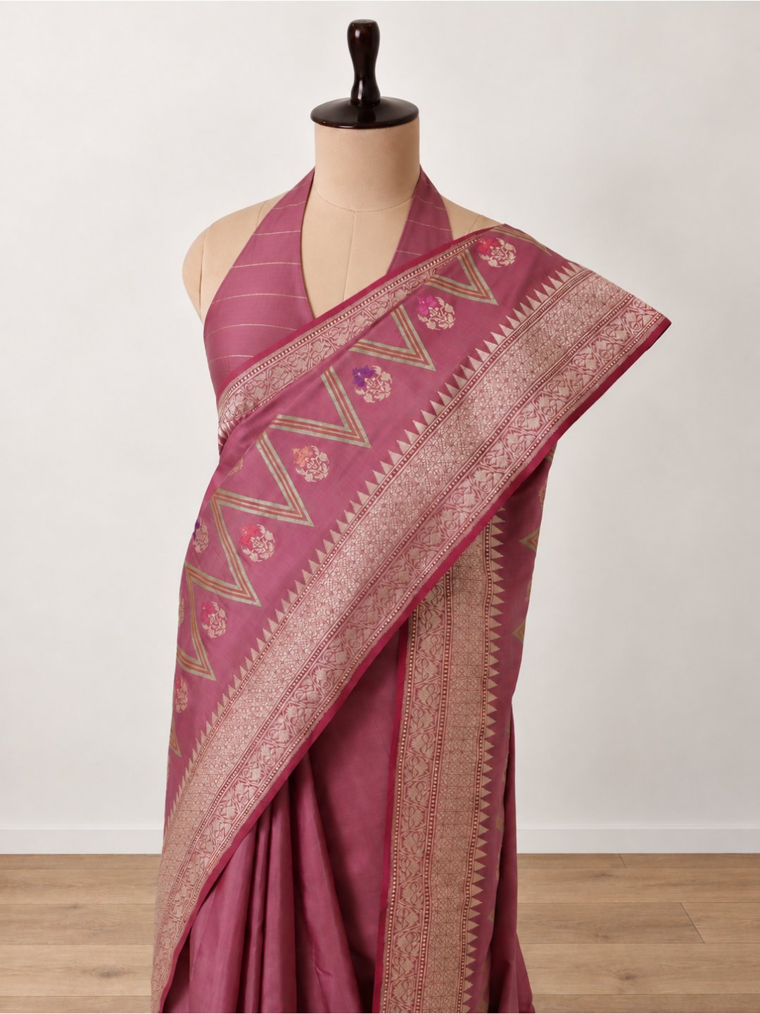 Dusty rose with a mauve undertone, gold zari Katan Silk Banarasi saree blouse piece