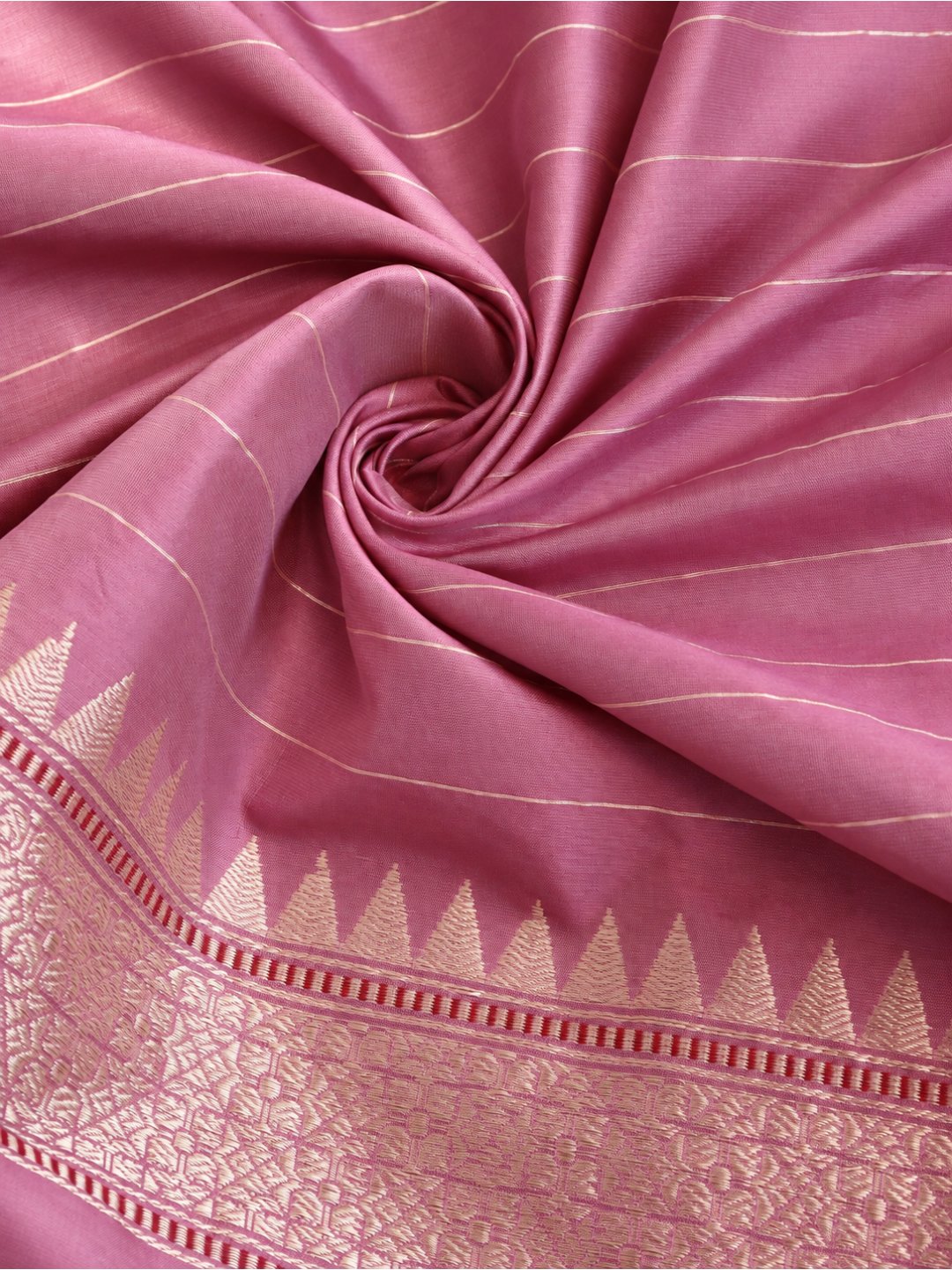 Dusty rose with a mauve undertone, gold zari Katan Silk Banarasi saree zari work detail