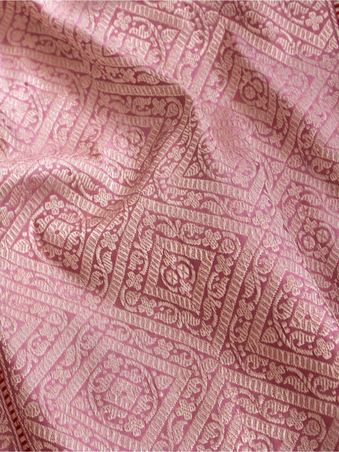 Dusty rose with a mauve undertone, gold zari Katan Silk Banarasi saree texture detail