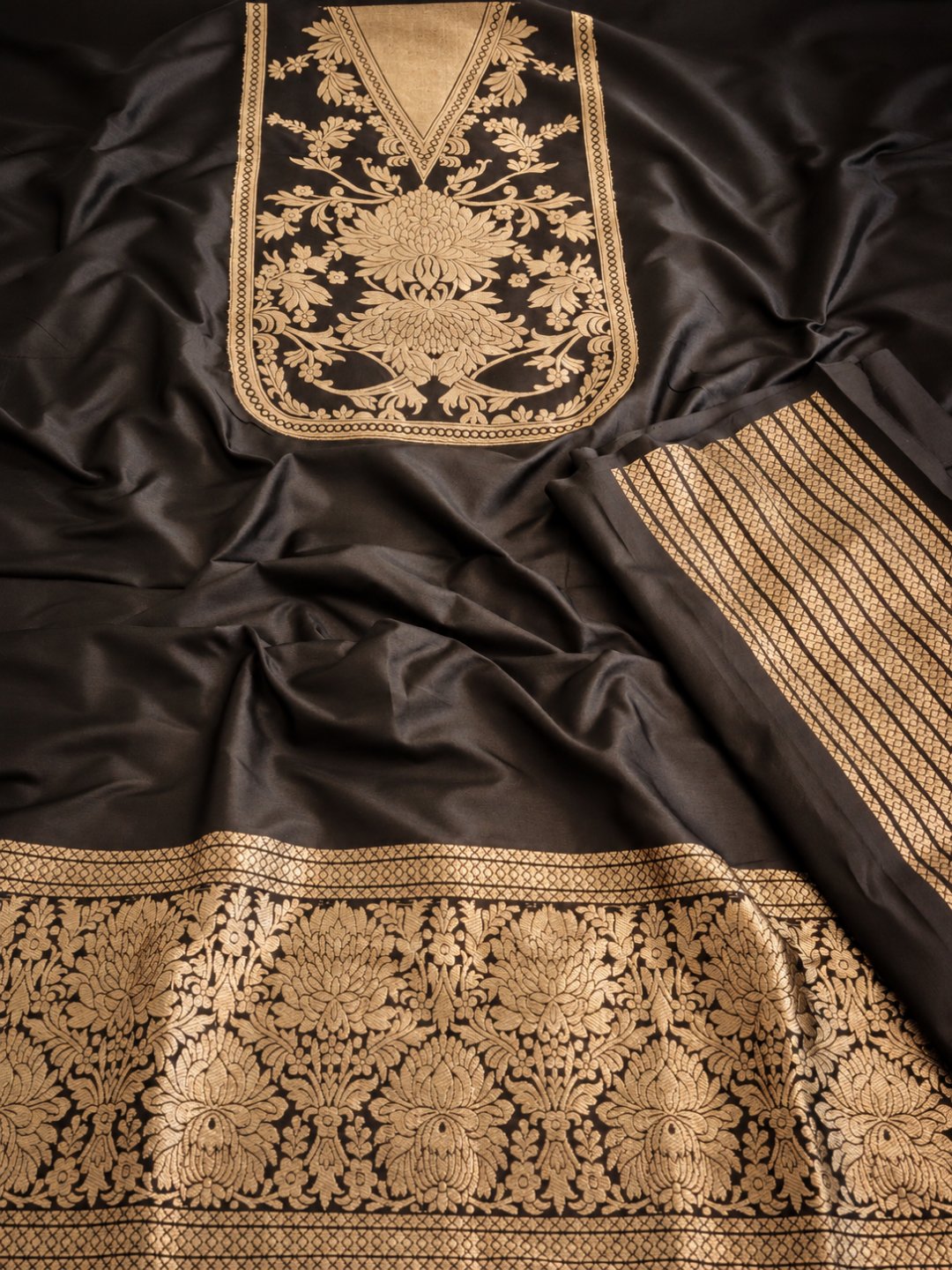 Classic black with muted gold-toned Katan Silk Banarasi suit sleeve detail