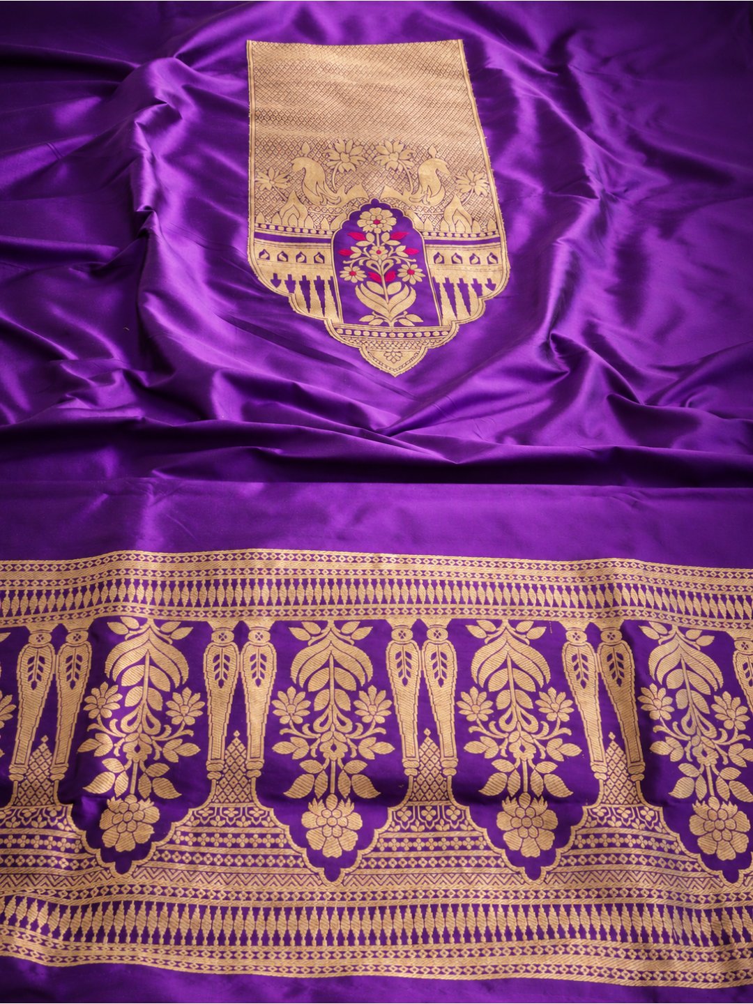 Royal purple with gold detailing Katan Silk Banarasi suit neckline detail
