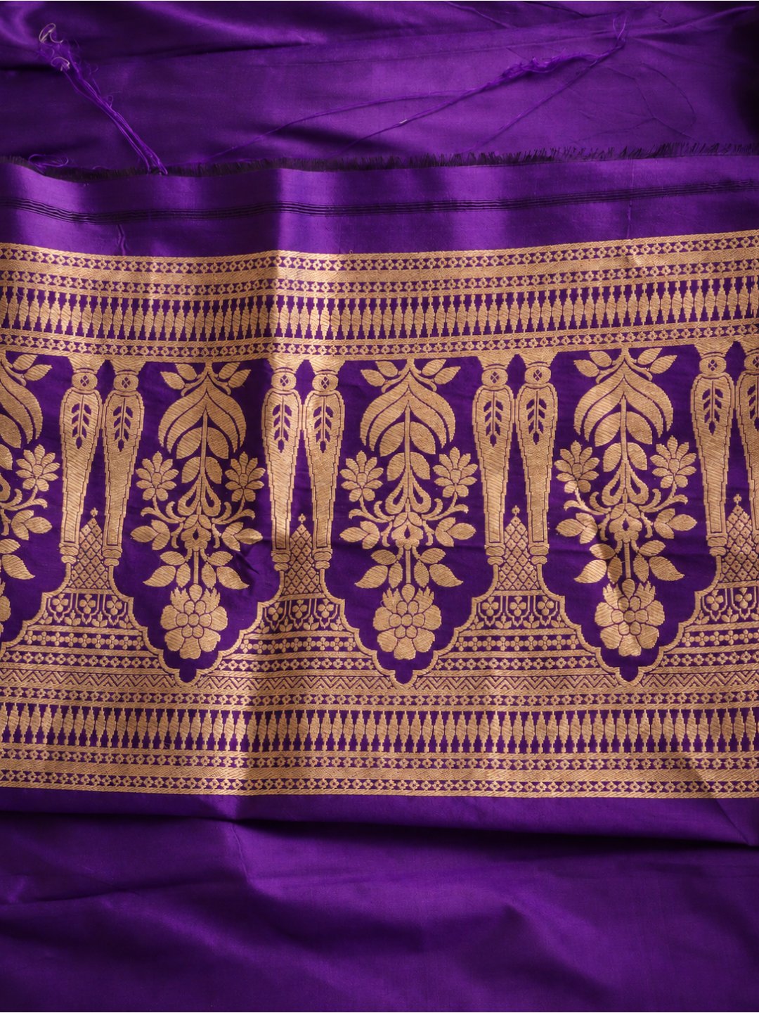 Royal purple with gold detailing Katan Silk Banarasi suit sleeve detail