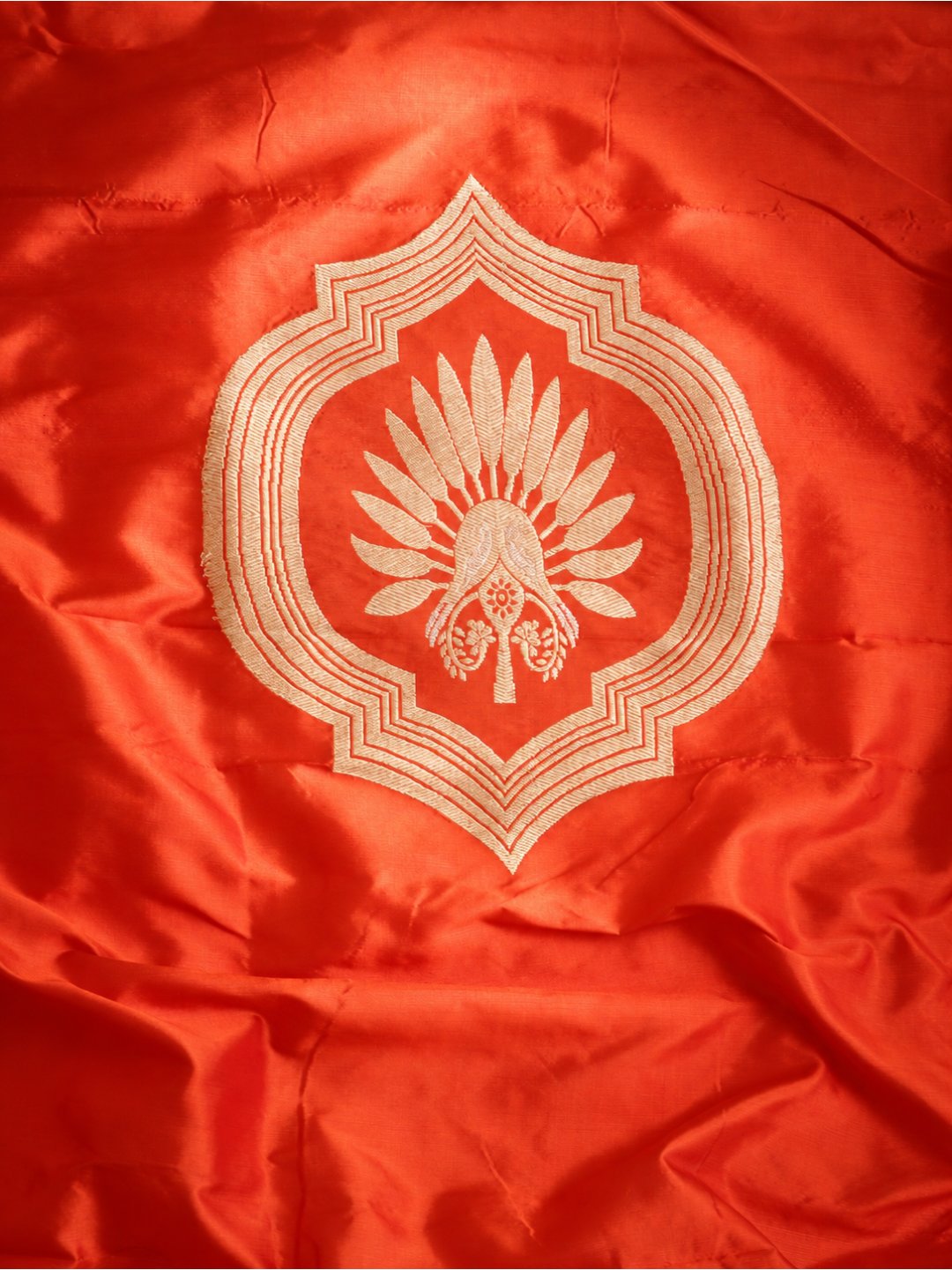Bright orange with gold detailing Katan Silk Banarasi suit neckline detail