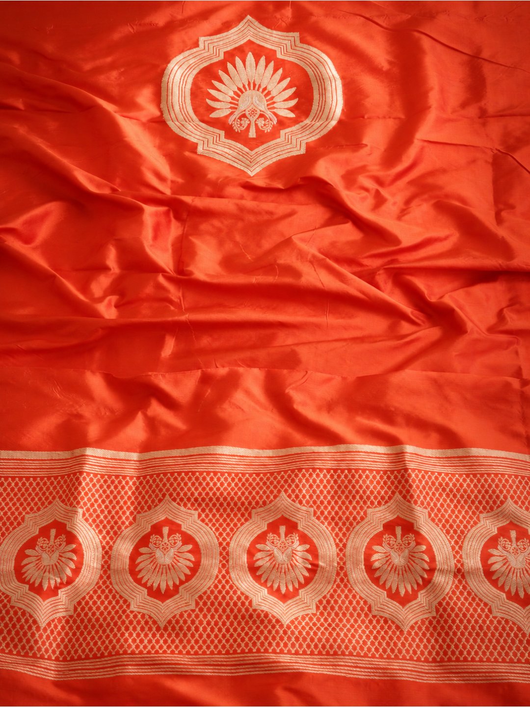 Bright orange with gold detailing Katan Silk Banarasi suit sleeve detail
