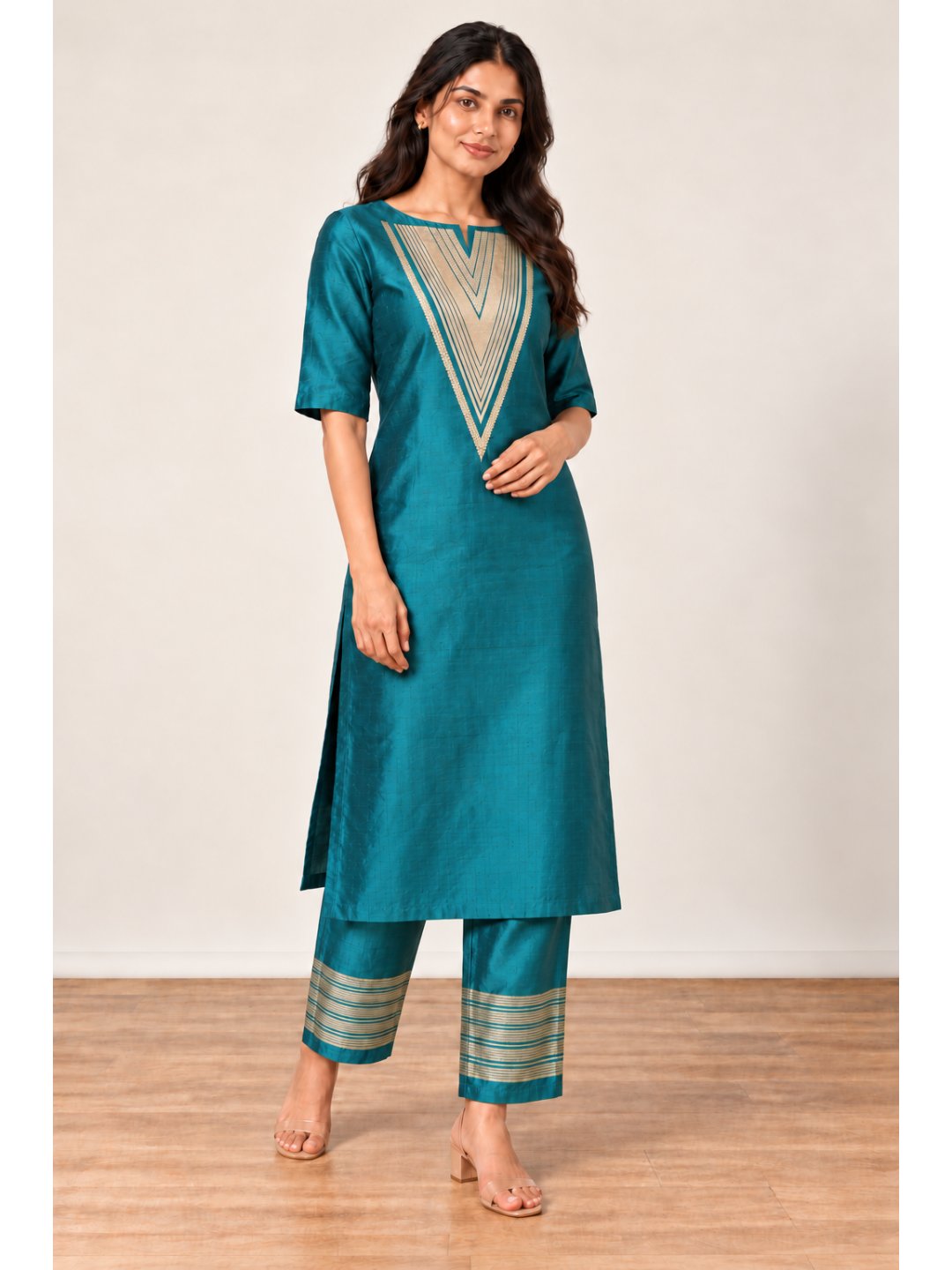 Teal with gold-toned detailing Katan Silk Banarasi suit front drape view