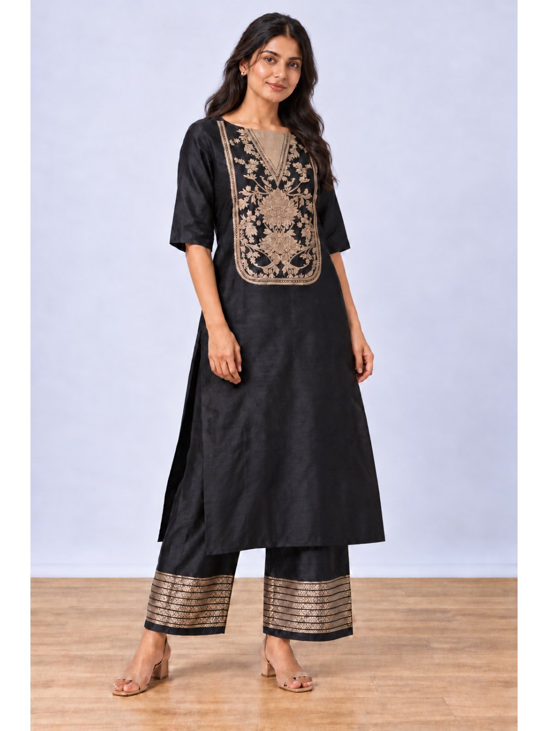 Classic black with muted gold-toned Katan Silk Banarasi suit front drape view