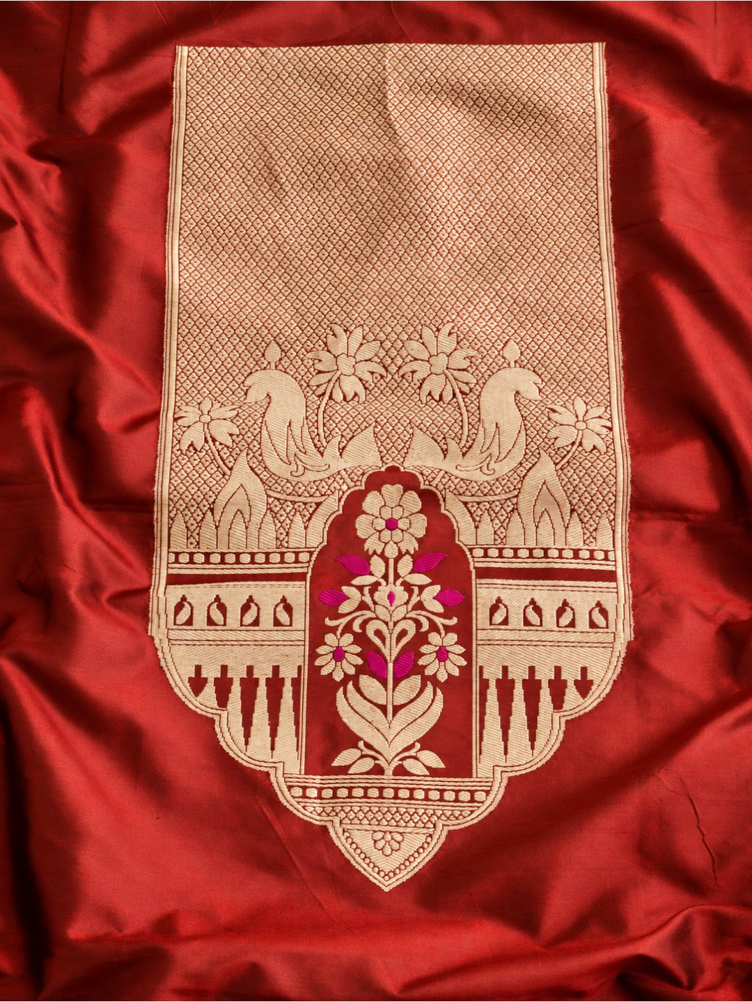 Rust red with gold detailing Katan Silk Banarasi suit sleeve detail