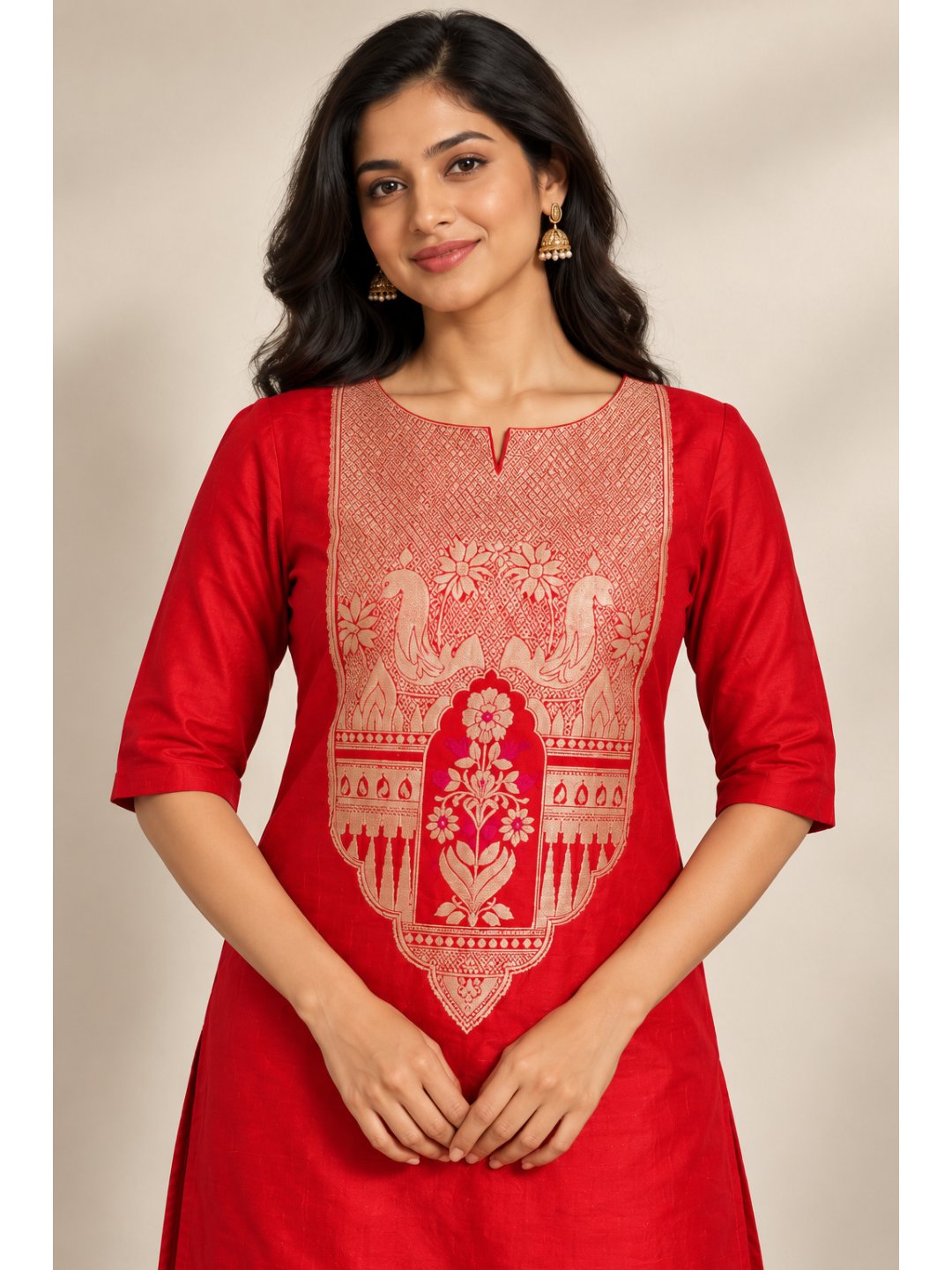 Bright red with gold detailing Katan Silk Banarasi suit neckline detail