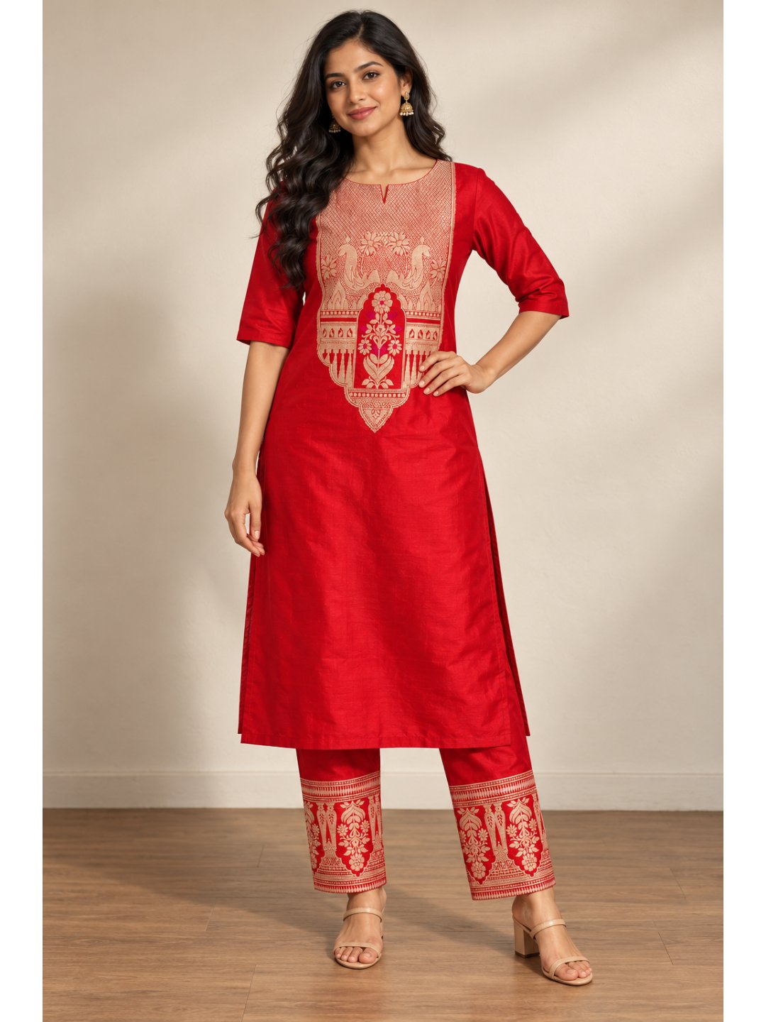 Bright red with gold detailing Katan Silk Banarasi suit front drape view