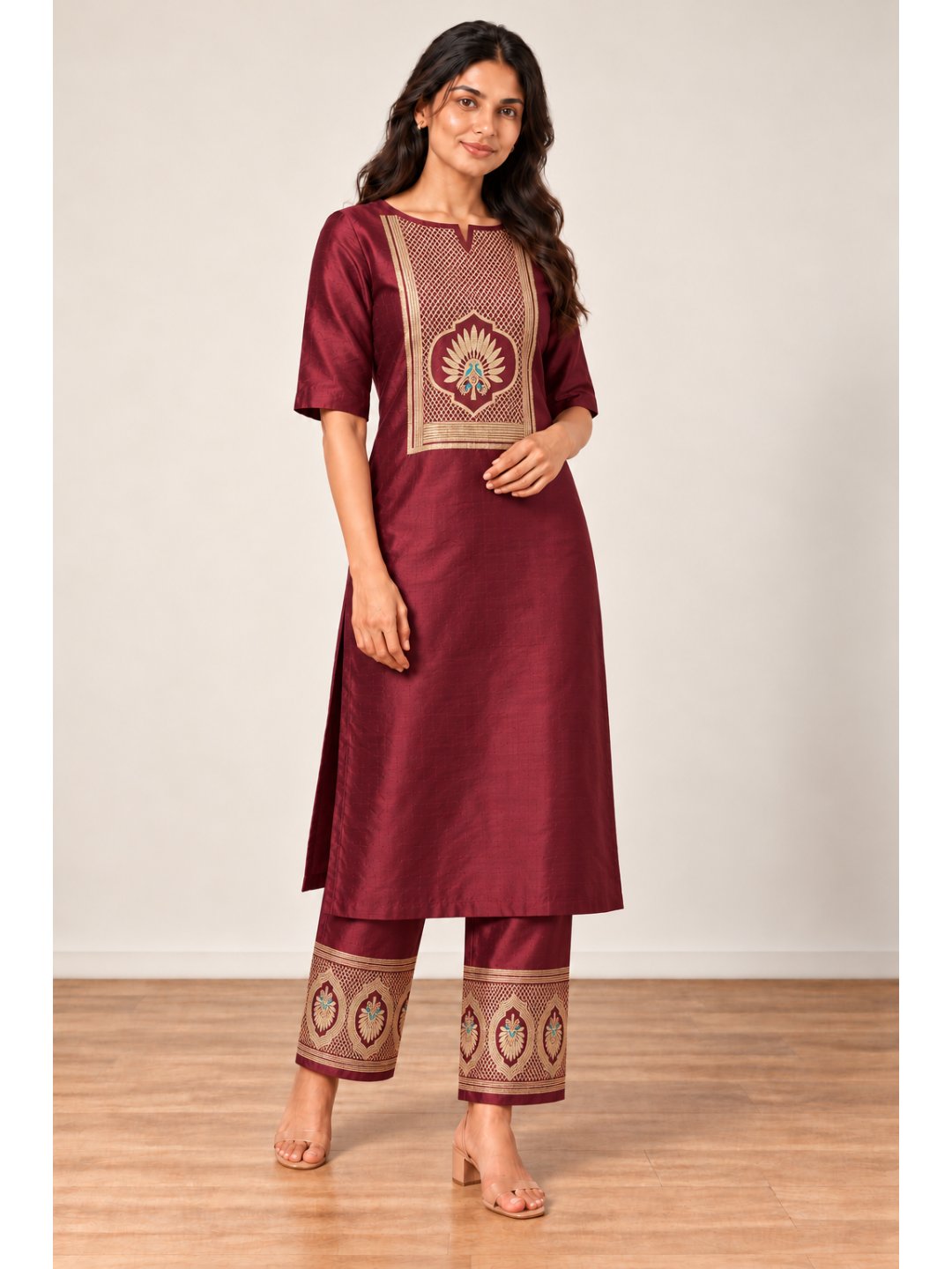 Burgundy with gold and small turquoise details Katan Silk Banarasi suit front drape view