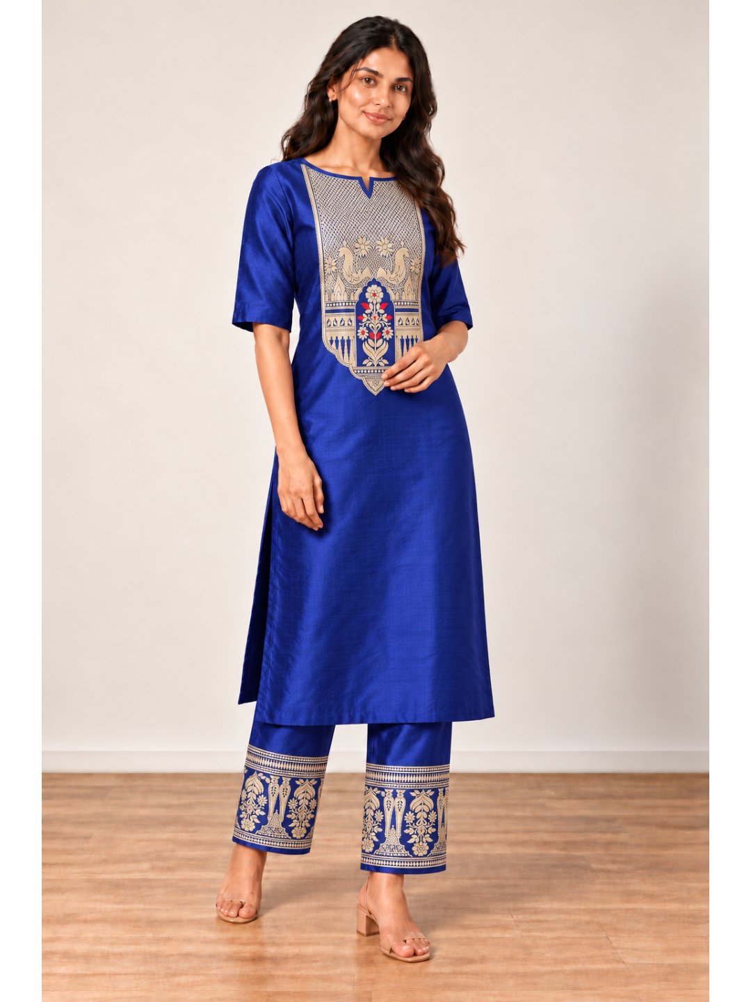Royal blue with gold detailing and small red accents Katan Silk Banarasi suit front drape view