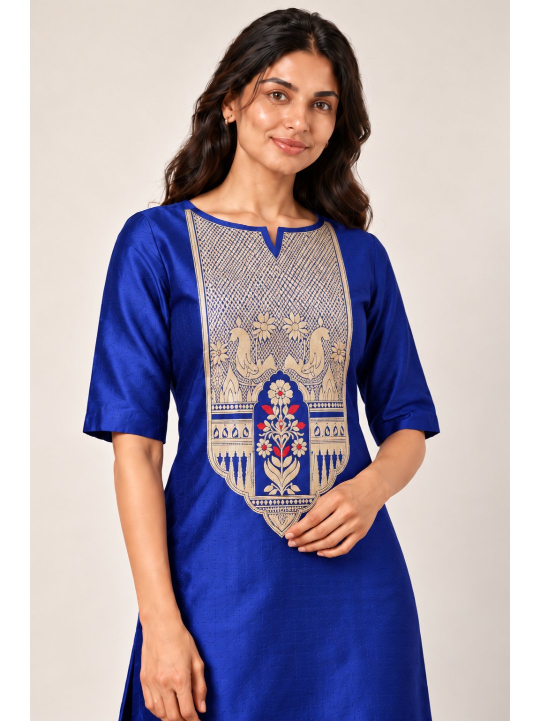 Royal blue with gold detailing and small red accents Katan Silk Banarasi suit neckline detail