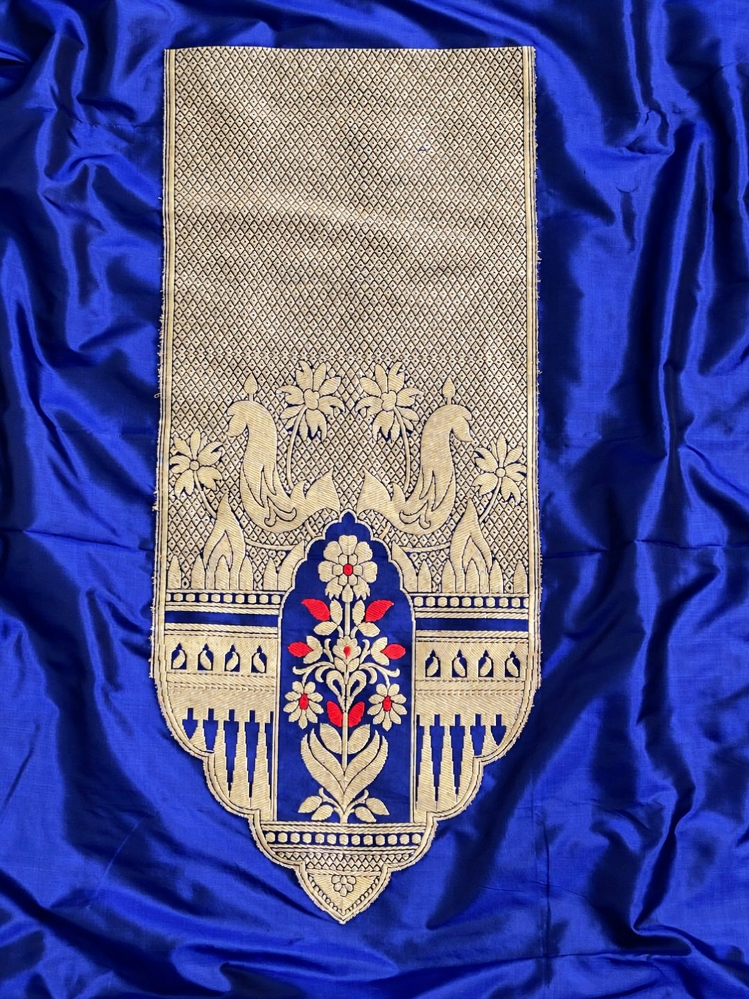 Royal blue with gold detailing and small red accents Katan Silk Banarasi suit sleeve detail