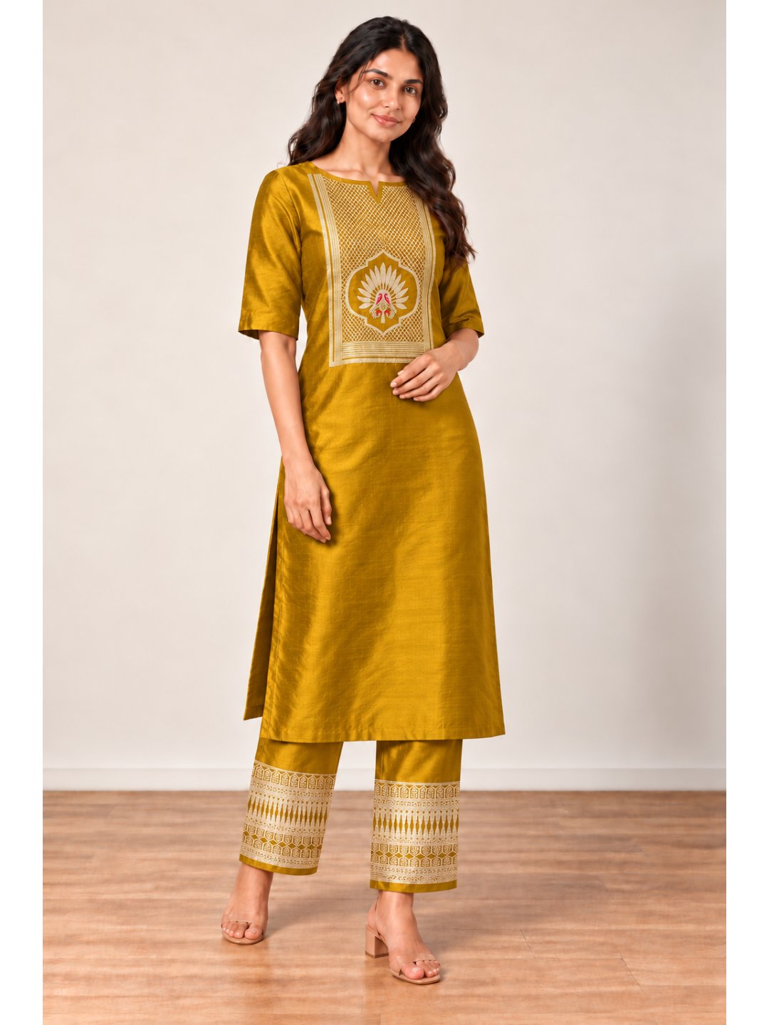 Mustard yellow with gold detailing and small red accents Katan Silk Banarasi suit front drape view