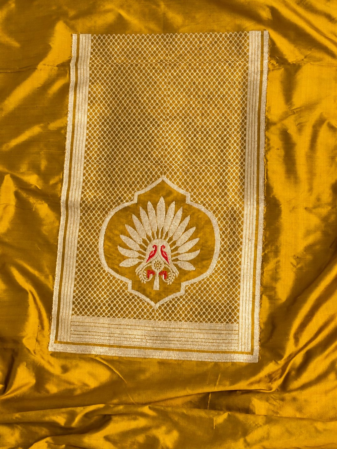 Mustard yellow with gold detailing and small red accents Katan Silk Banarasi suit front drape view