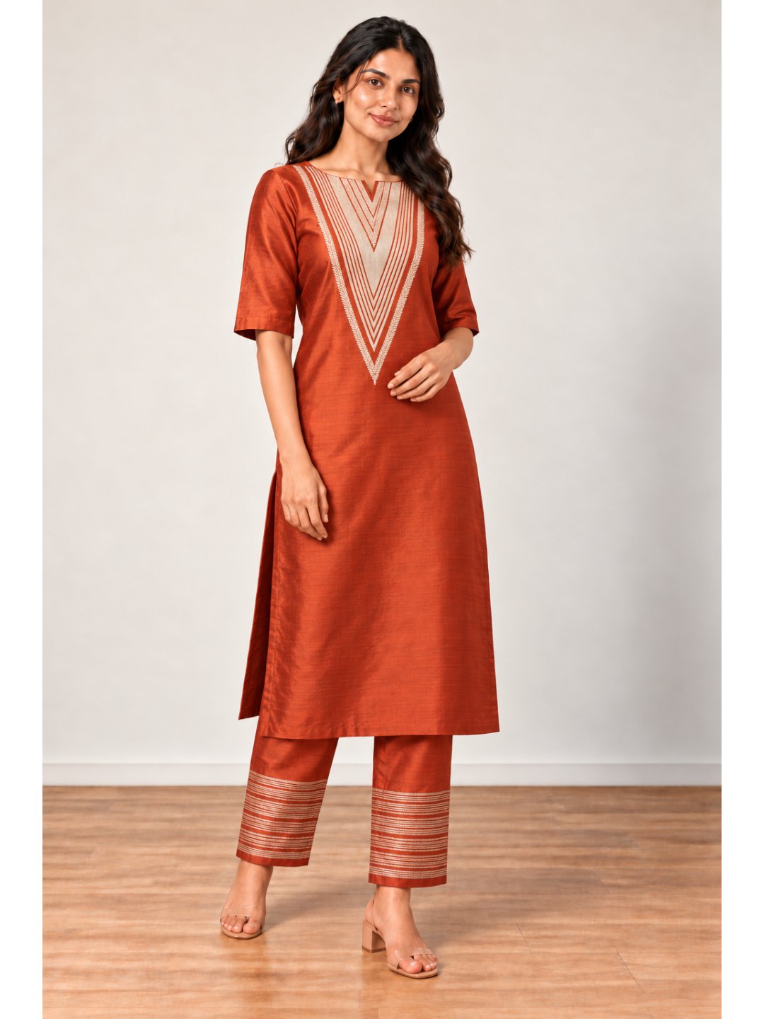 Rust orange with silver-toned detailing Katan Silk Banarasi suit front drape view