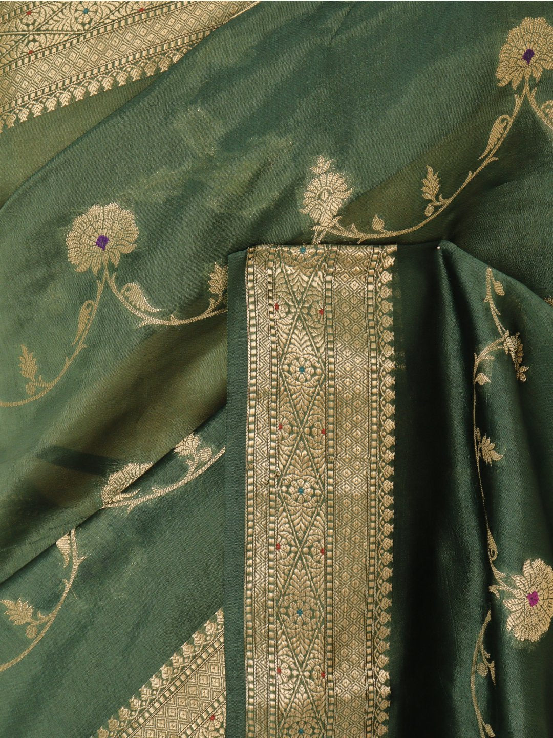 Deep olive green with gold detailing Viscose saree Banarasi saree border closeup