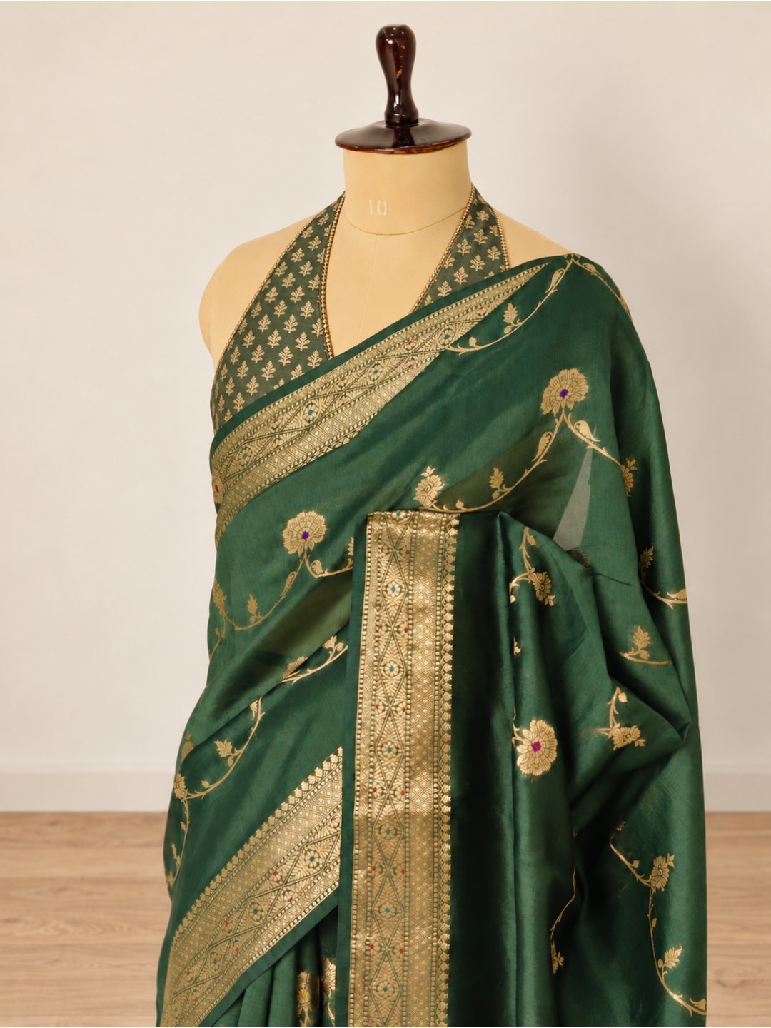 Deep olive green with gold detailing Viscose saree Banarasi saree front drape view