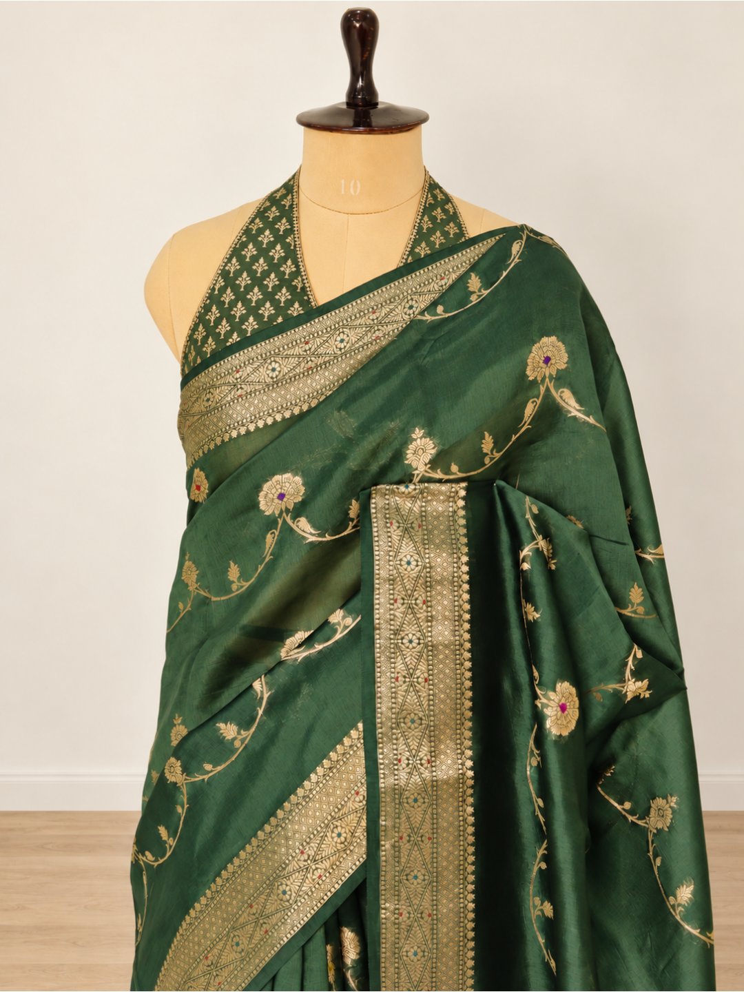 Deep olive green with gold detailing Viscose saree Banarasi saree texture detail