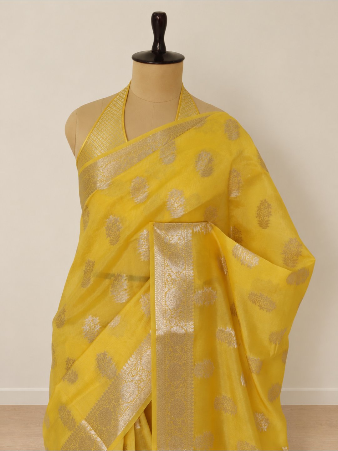 Bright lemon yellow with light gold-toned detailing Viscose saree Banarasi saree full spread