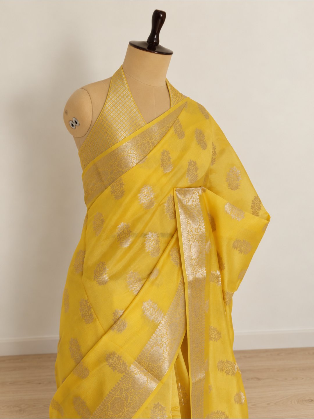 Bright lemon yellow with light gold-toned detailing Viscose saree Banarasi saree blouse piece