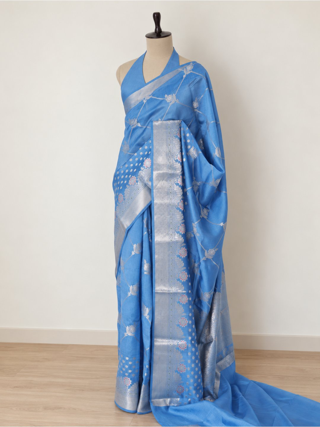 Sky blue with silver-toned detailing Viscose Saree Banarasi saree blouse piece