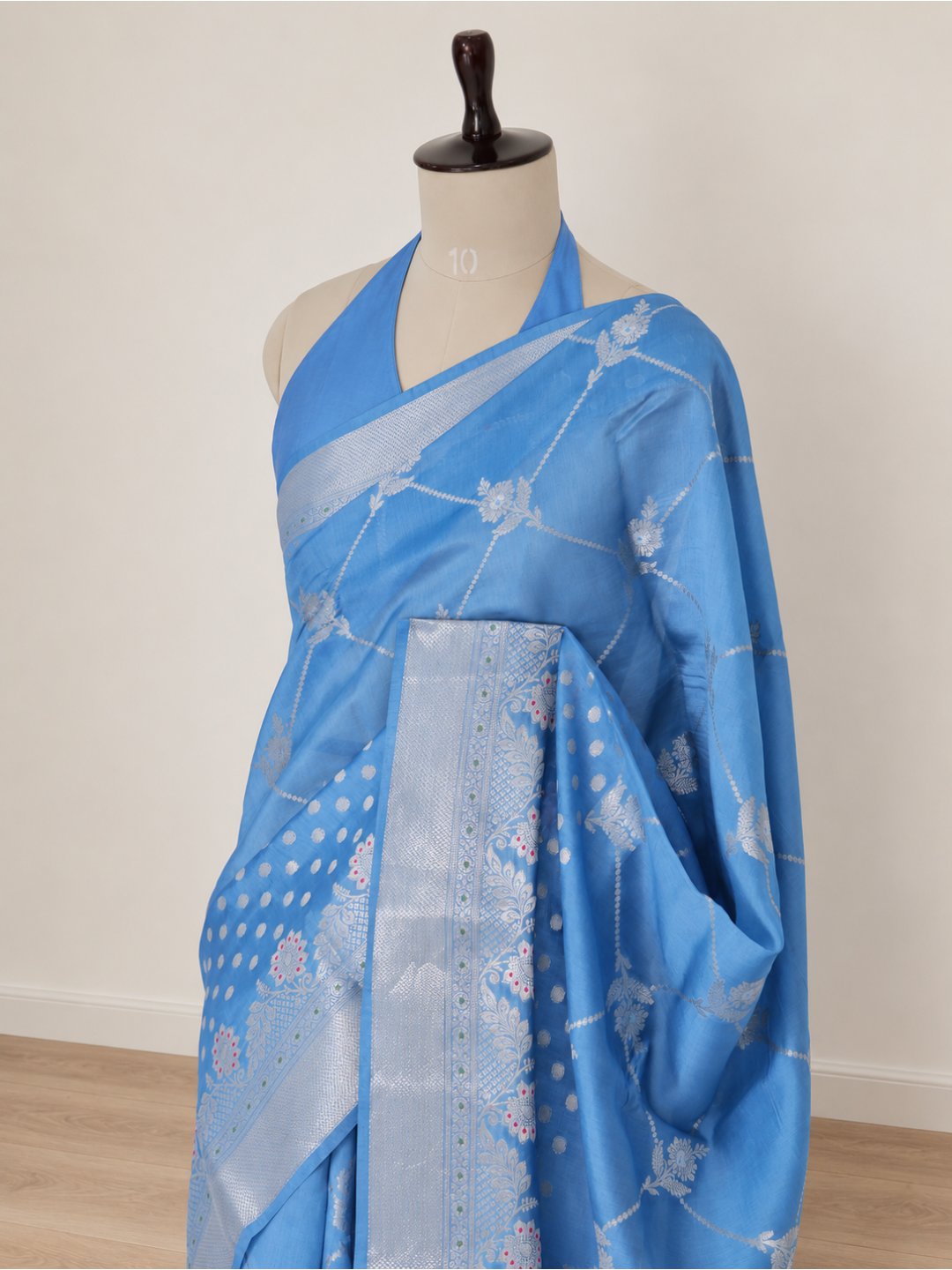 Sky blue with silver-toned detailing Viscose Saree Banarasi saree texture detail