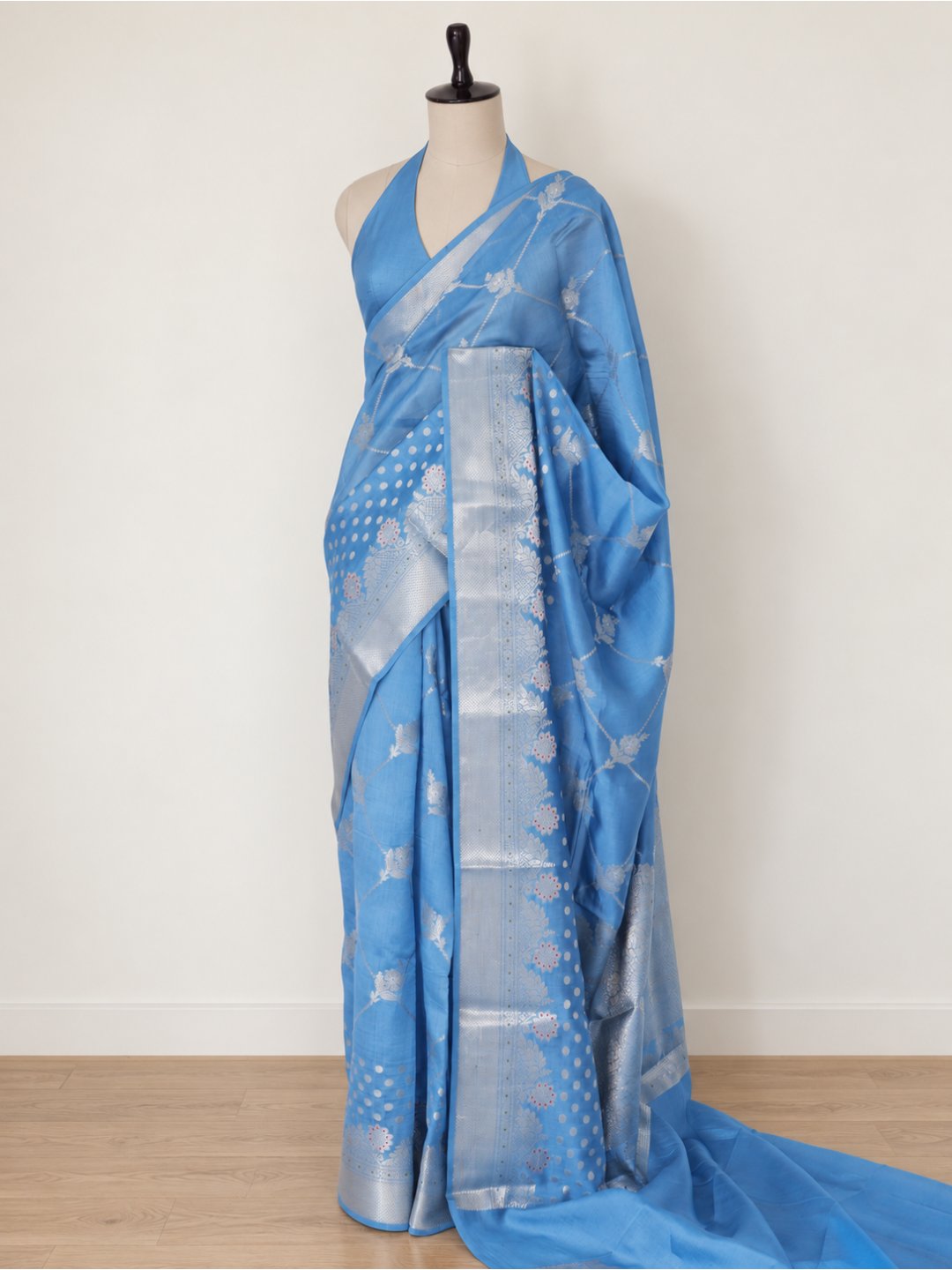 Sky blue with silver-toned detailing Viscose Saree Banarasi saree zari work detail