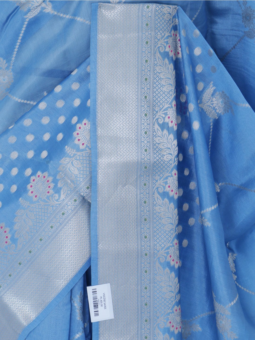 Sky blue with silver-toned detailing Viscose Saree Banarasi saree pallu detail