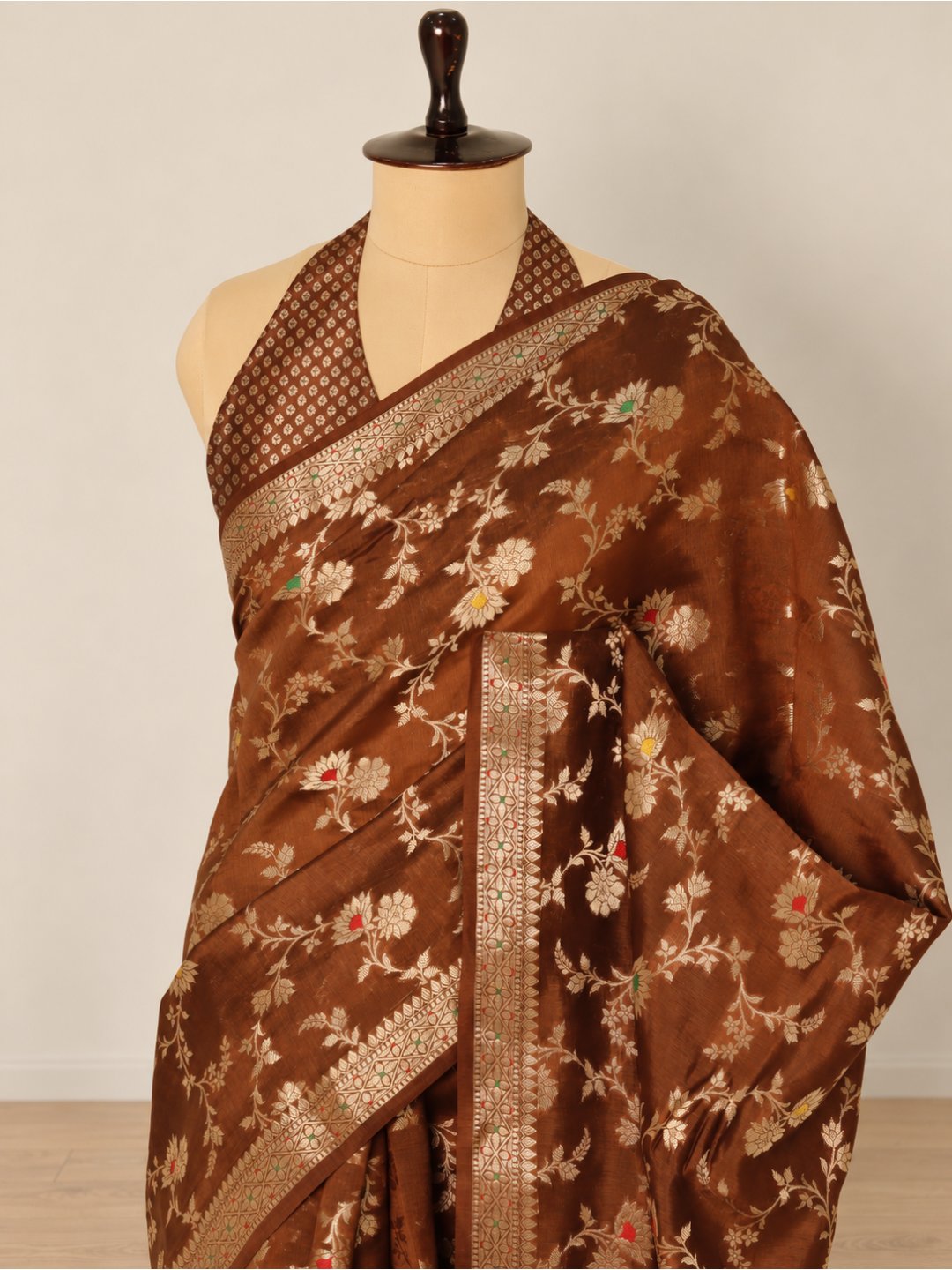 Copper brown with gold-toned detailing Viscose Saree Banarasi saree front drape view