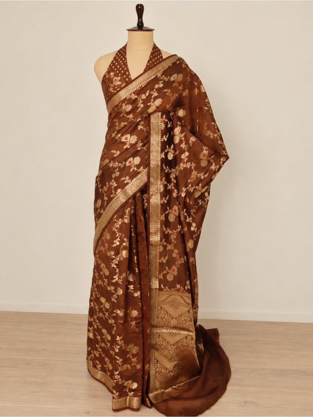 Copper brown with gold-toned detailing Viscose Saree Banarasi saree zari work detail