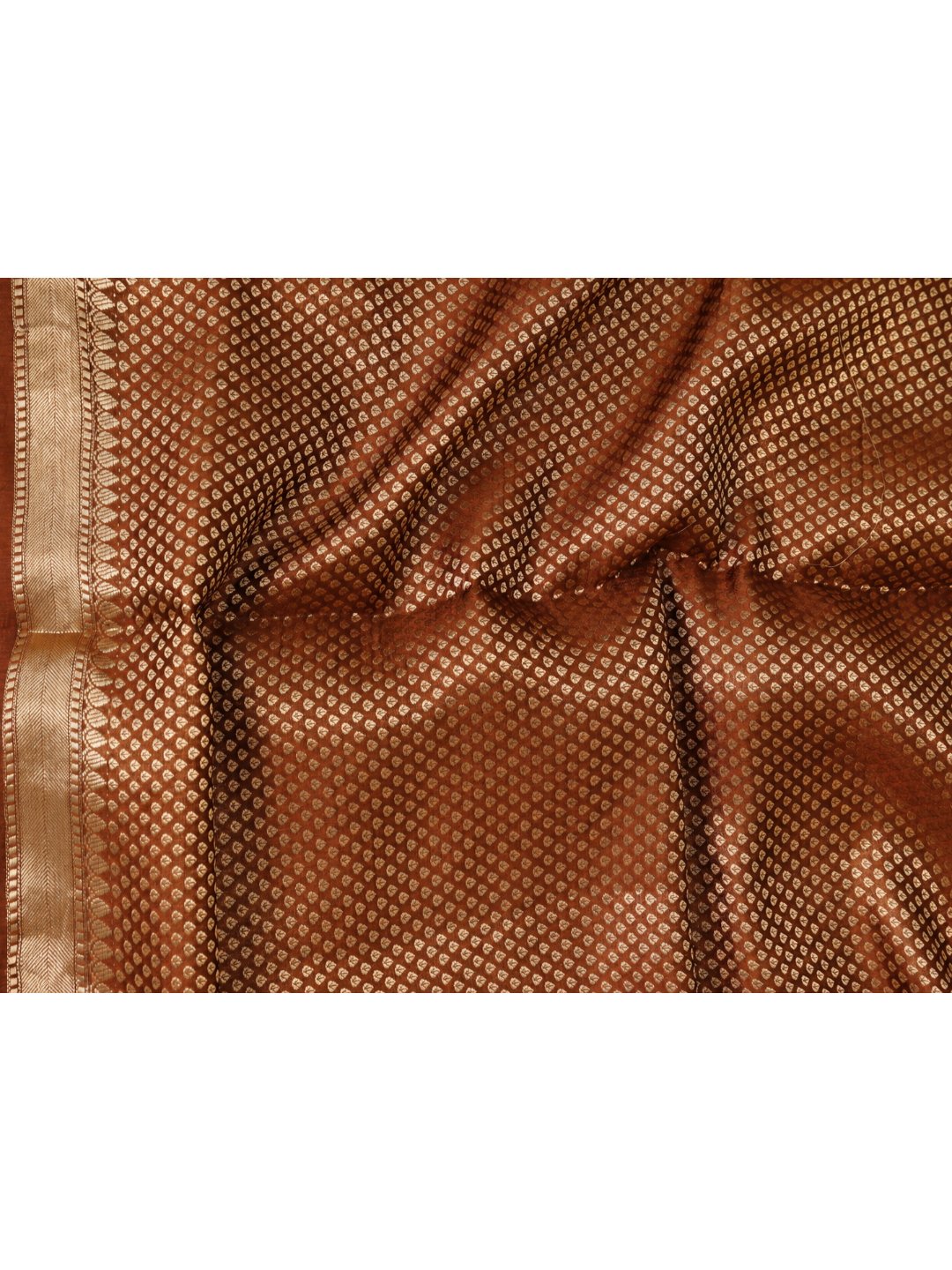 Copper brown with gold-toned detailing Viscose Saree Banarasi saree front drape view