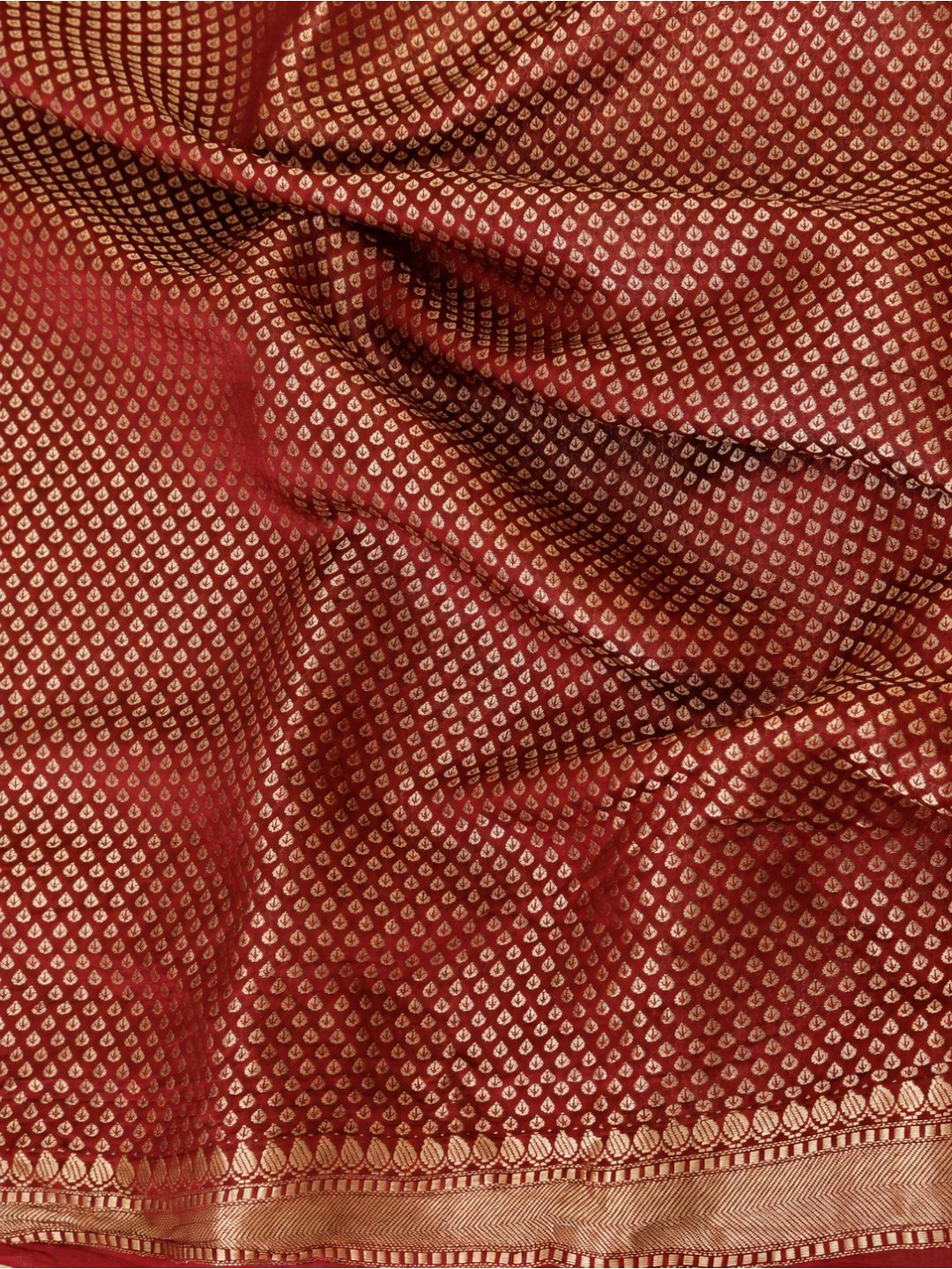 Deep maroon with gold-toned detailing Viscose Banarasi saree folded view