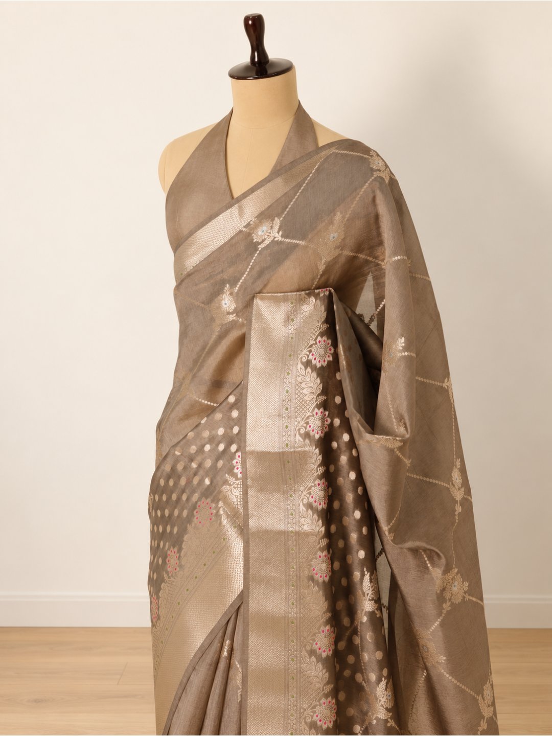 Taupe grey with gold-toned detailing Viscose Saree Banarasi saree front drape view