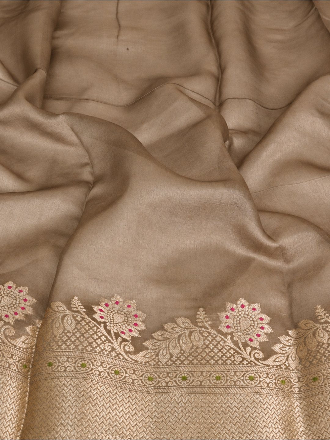 Taupe grey with gold-toned detailing Viscose Saree Banarasi saree zari work detail