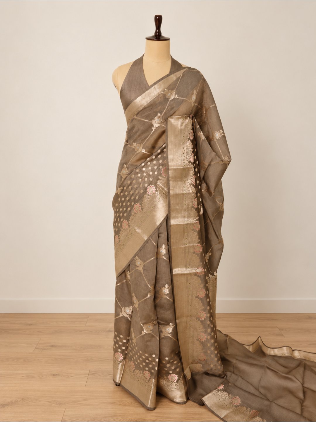 Taupe grey with gold-toned detailing Viscose Saree Banarasi saree texture detail