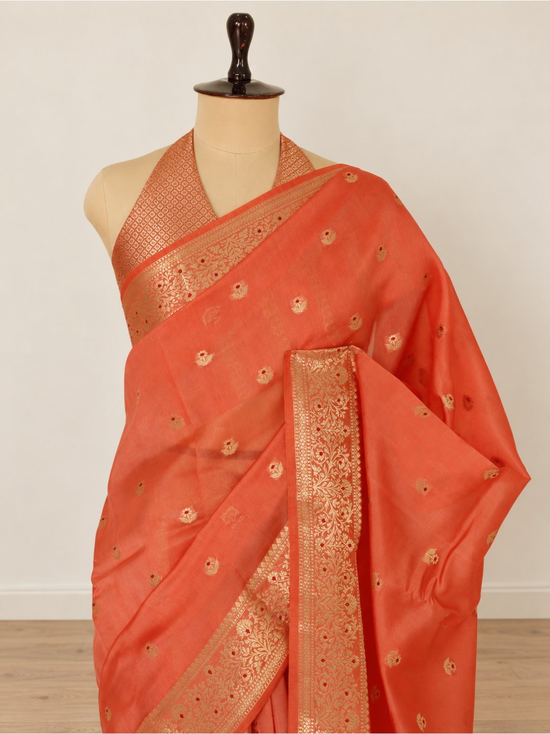 Coral orange with gold-toned detailing Viscose Saree Banarasi saree border closeup