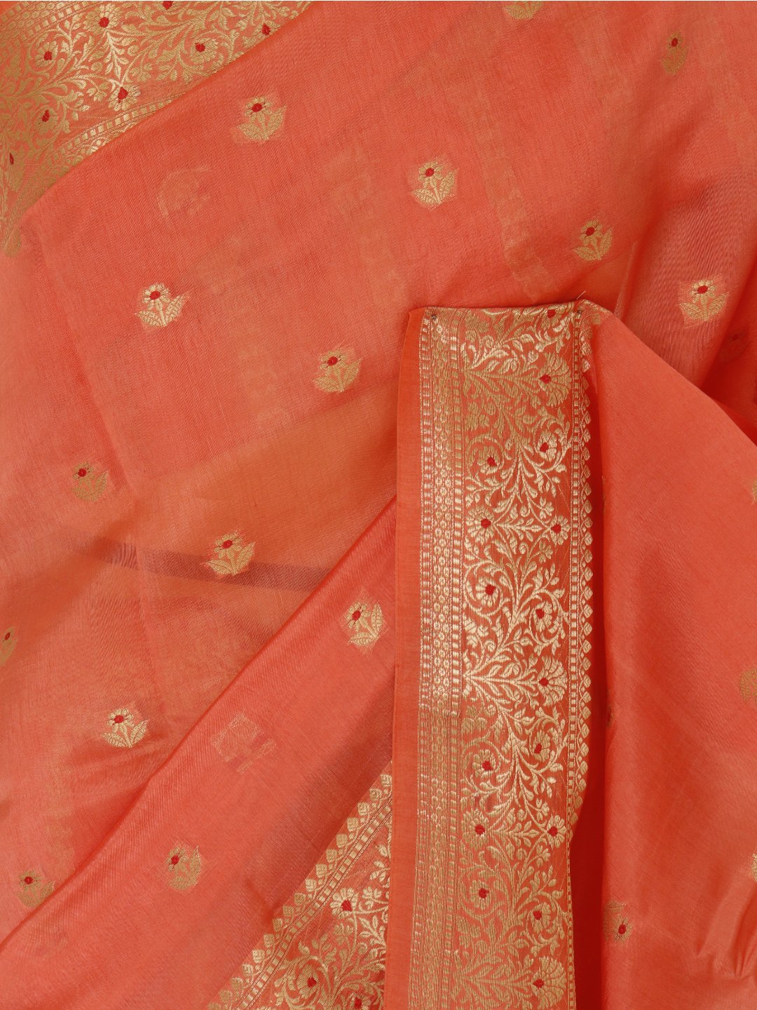 Coral orange with gold-toned detailing Viscose Saree Banarasi saree blouse piece