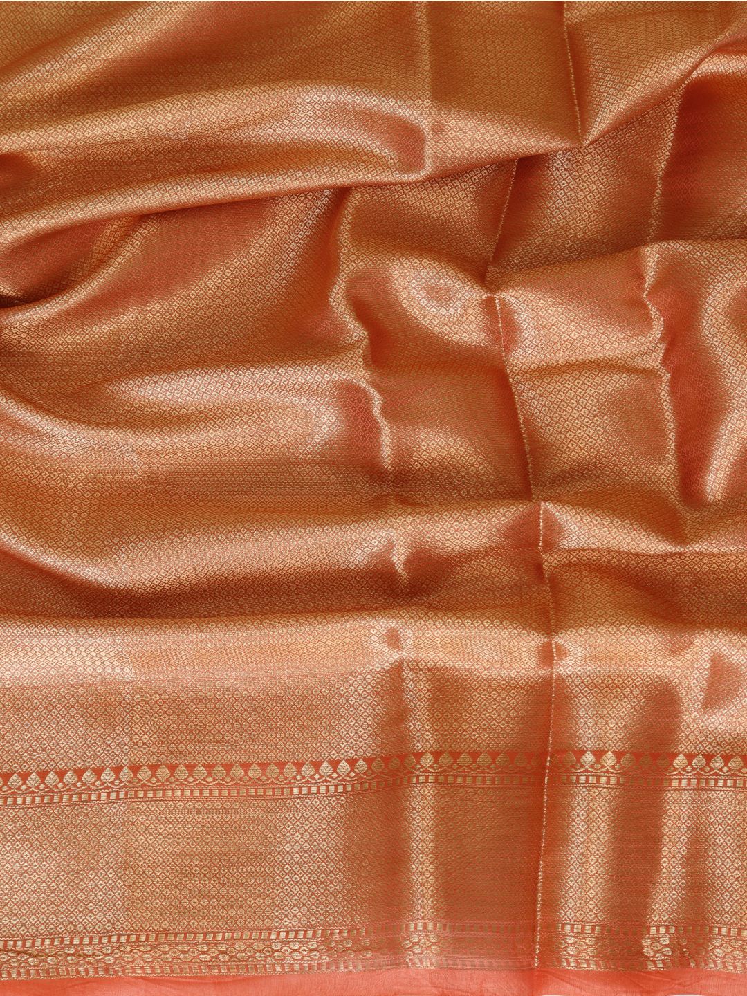 Coral orange with gold-toned detailing Viscose Saree Banarasi saree zari work detail