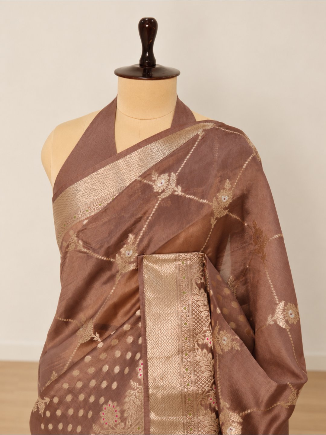 Dusty rose-brown with champagne gold-toned detailing Viscose Saree Banarasi saree front drape view